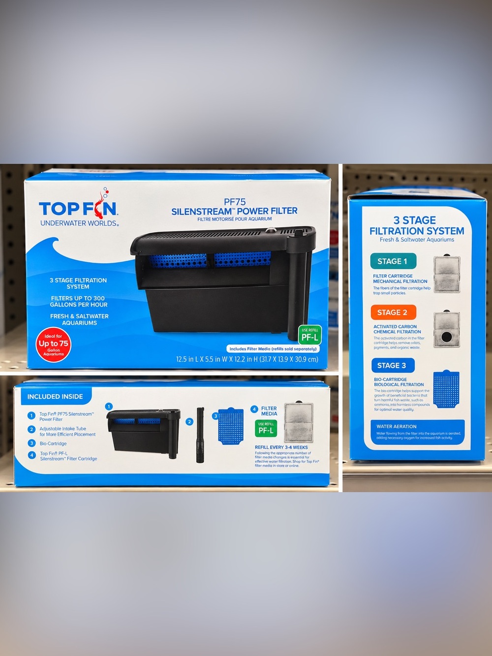 Top Fin PF75 SilentStream Power Filter - Black & Blue